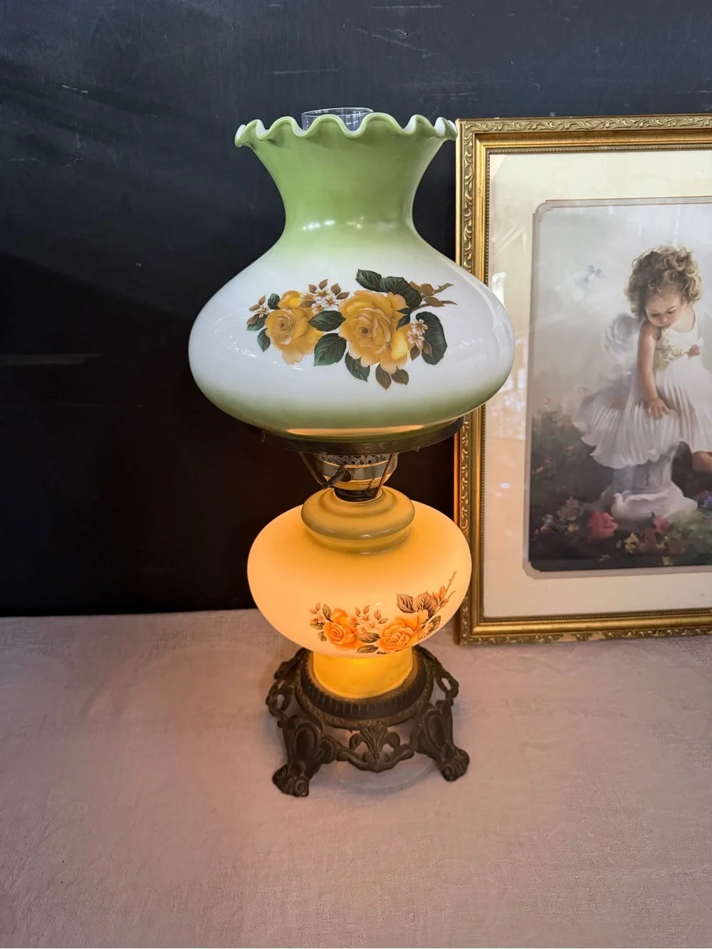 Vintage Floral Hurricane Lamp in Yellow, Green & White